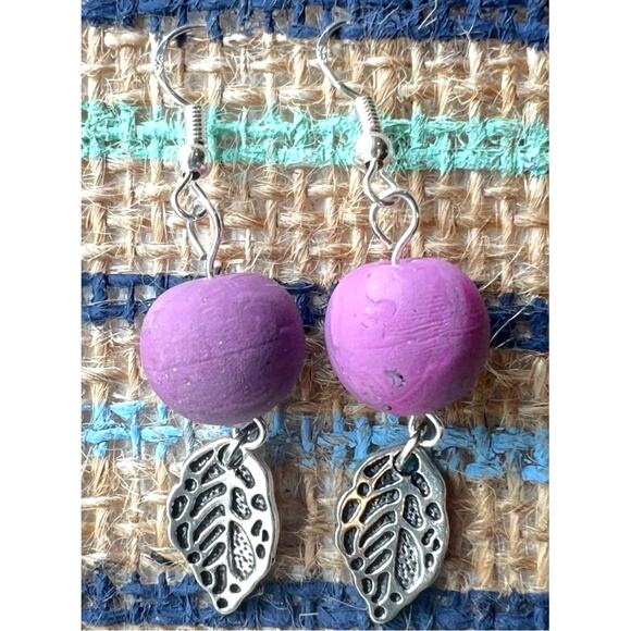Handmade Silver Leaf and Purple Bead Dangle Earrings Artisan Jewelry 2.25" Long - Picture 3 of 3
